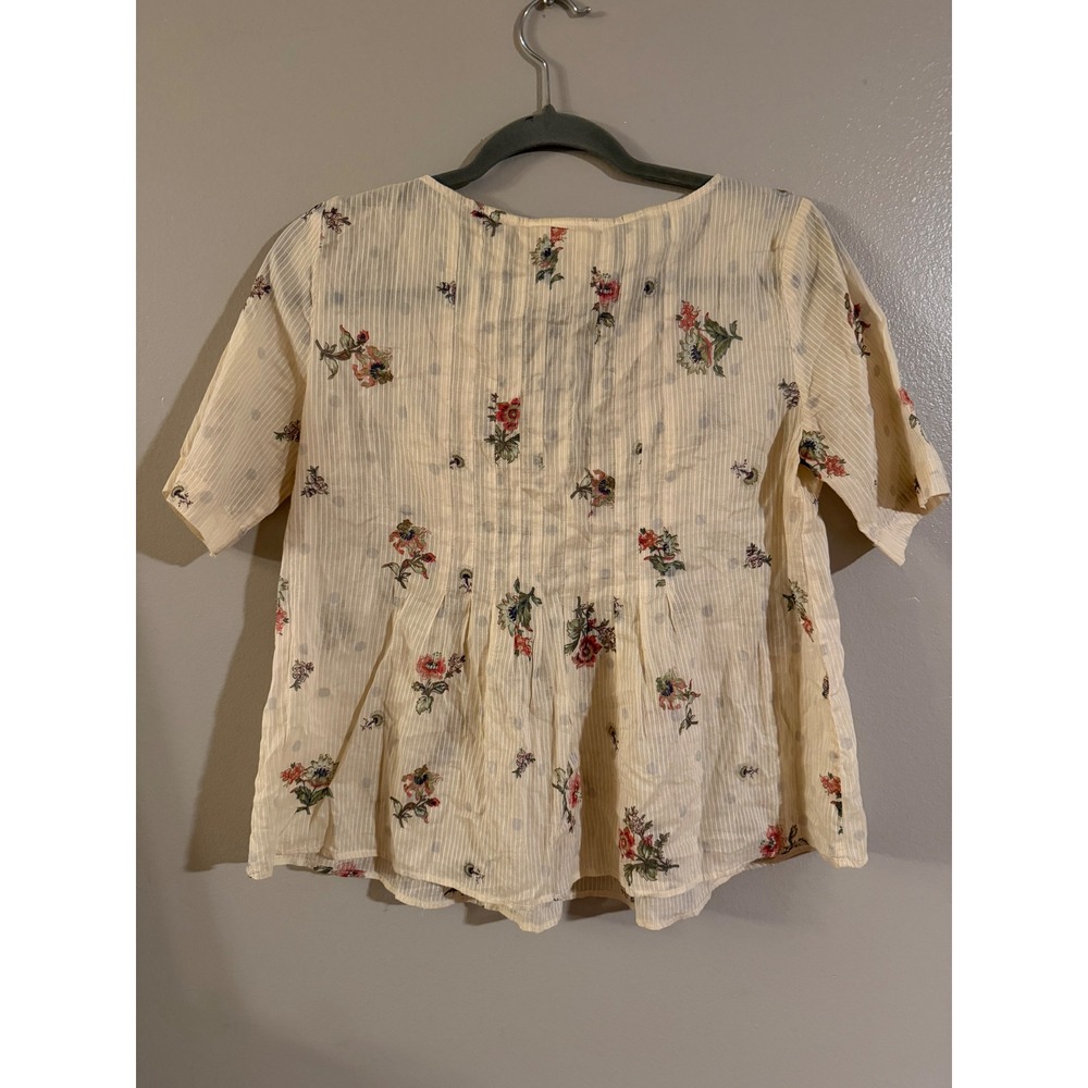 Maeve Anthropologie Floral Striped V-Neck Blouse Cream Short Sleeve Pleated Sz 0 - Picture 5 of 6